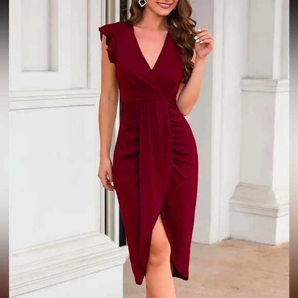 Solid Surplice Neck Ruched Dress, Elegant Flutter Sleeve Asymmetrical Hem Dress - Picture 5 of 6